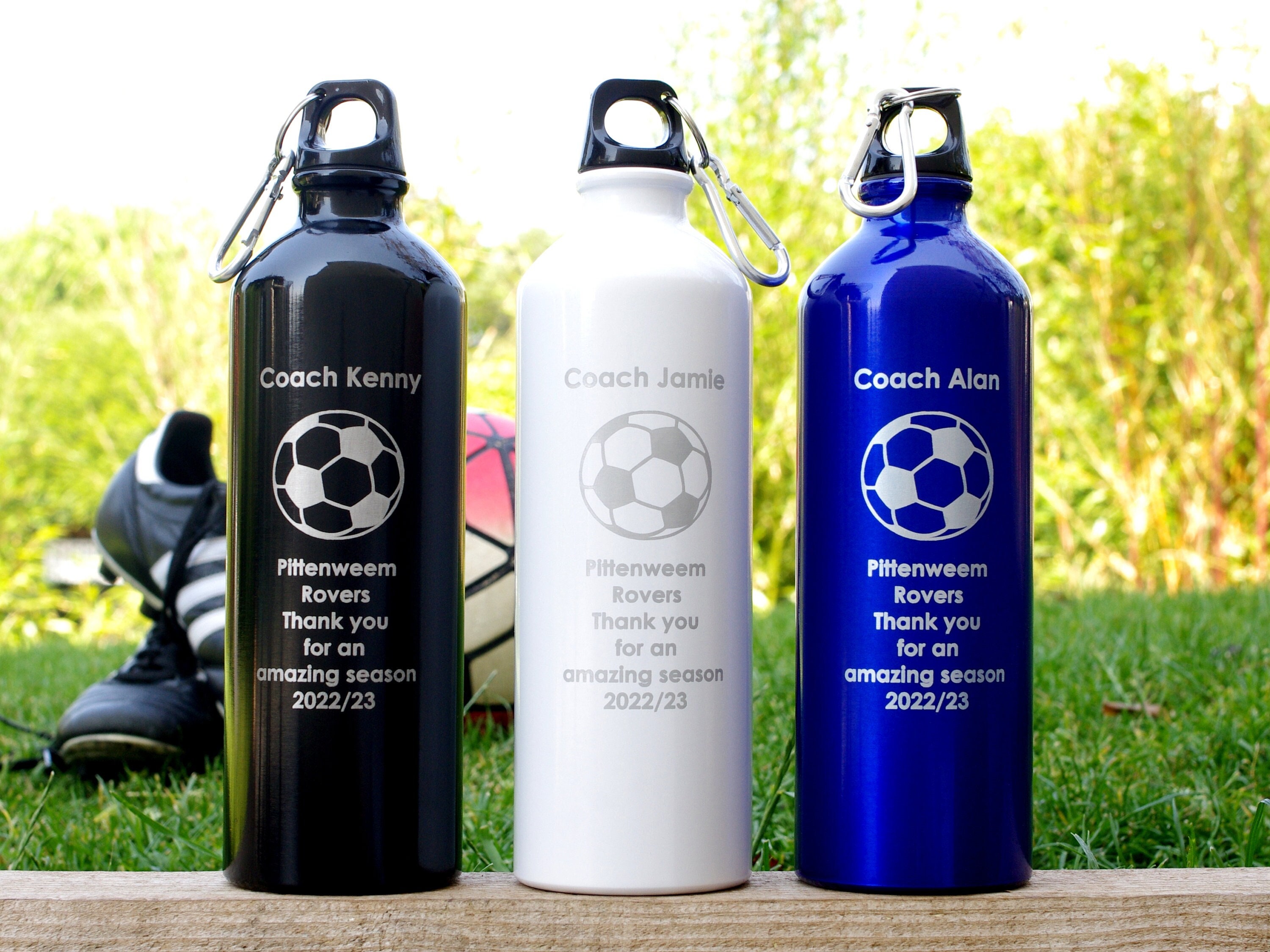 Football Coach Thank You Gift. End of Season or leaving. Engraved water bottle fully personalised with club logo or generic design & message