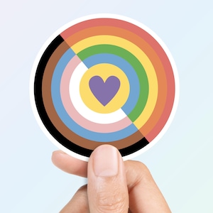 Progress Pride Round Stickers, LGBTQ Rainbow Sticker, Pride Flag Car Decals, LGBTQ+ Gifts, Gay Trans Sticker