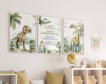 Dinosaur Nursery Print Set: Green Dinosaur Wall Art