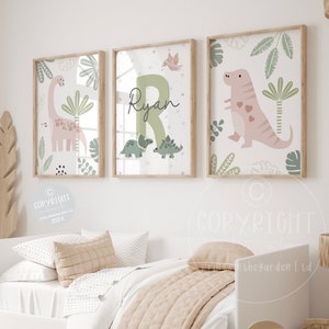 Dinosaur wall art, Baby nursery decor, pink bedroom art, Girl dinosaur art, Nursery wall art, Set of 3 prints, Triceratops print, sage green