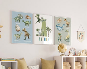 Dinosaur Nursery Print Set: Green Boys Bedroom Wall Art