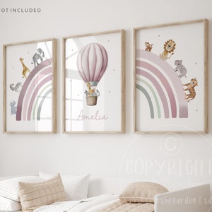 Safari nursery print, Safari nursery decor, Boho nursery art, Hot air balloon print, rainbow art, Set of 3 prints, pink nursery