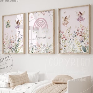 Girl&#39;s fairy print, Fairy wall art, Pink nursery decor, Girls nursery art, Enchanted fairytale, Wildflower art, Girls bedroom art, Set of 3