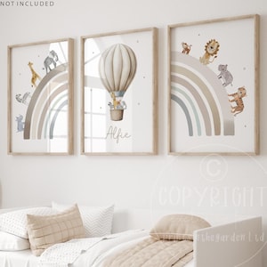 Safari nursery print, Safari nursery decor, Boho nursery art, Hot air balloon print, Jungle animal art, Set of 3 prints, beige nursery