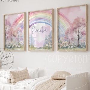 Girl&#39;s rainbow print, Forest wall art, woodland art, Girls nursery art, Enchanted fairytale, Wildflower art, Girls bedroom art, Set of 3