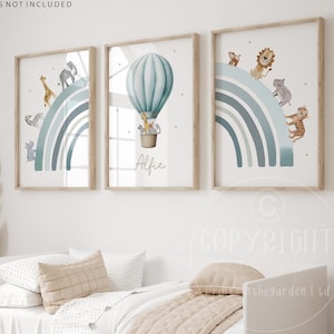 Safari nursery print, Safari nursery decor, Boho nursery art, Hot air balloon print, Jungle animal art, Set of 3 prints, teal nursery