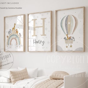 Safari nursery print, Safari nursery decor, Boho nursery art, Hot air balloon print, Jungle animal art, Set of 3 prints, neutral nursery