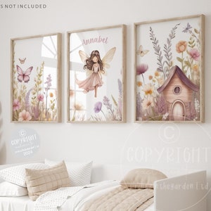 Fairy nursery print, Girl&#39;s fairy print, Fairy wall art, Pink nursery decor, Girls nursery art, girl name print, Girls bedroom art, Set of 3