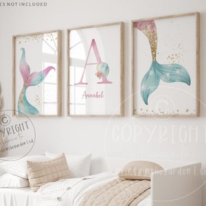 Mermaid nursery print, under the sea art, Baby nursery decor, Girl bedroom decor, Mermaid wall art, Nursery wall art, Set of 3 prints, Shell