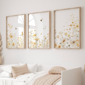 Wildflower and Bee Nursery Art Prints: Botanical Set of 3