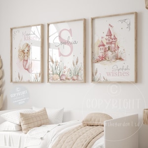 Mermaid wall art, mermaid nursery art, Pink bedroom art, Girl sea-life art, Nursery wall art, Set of 3 prints, girl bedroom print