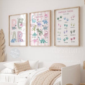 Types of dinosaur wall art, Baby nursery decor, pink bedroom art, Girl dinosaur art, Nursery wall art, Set of 3 prints, Triceratops print