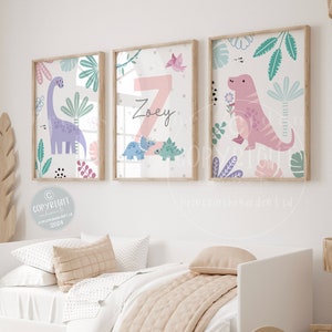 Dinosaur wall art, Baby nursery decor, Pink bedroom art, Girl dinosaur art, Nursery wall art, Set of 3 prints, Triceratops print
