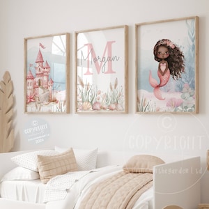 Mermaid wall art, mermaid nursery art, Pink bedroom art, under the sea, Nursery wall art, Set of 3 prints, girl bedroom print