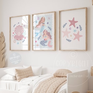 Mermaid nursery print, under the sea art, Baby nursery decor, Girl bedroom decor, Mermaid wall art, Nursery wall art, Set of 3 prints, Shell