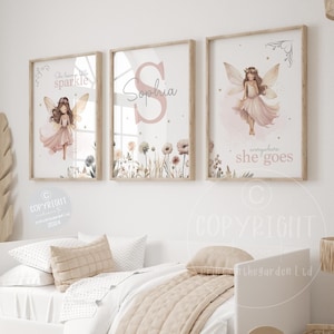 Fairy nursery print, Girl&#39;s fairy print, Fairy wall art, Pink nursery decor, Girls nursery art, girl name print, Girls bedroom art, Set of 3