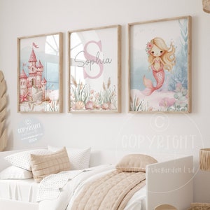 Mermaid wall art, mermaid nursery art, Pink bedroom art, Girl sea-life art, Nursery wall art, Set of 3 prints, girl bedroom print