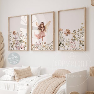 Girl&#39;s fairy print, Fairy wall art, Pink nursery decor, Girls nursery art, Enchanted fairytale, Wildflower art, Girls bedroom art, Set of 3