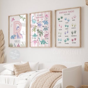 Types of dinosaur wall art, Baby nursery decor, pink bedroom art, Girl dinosaur art, Nursery wall art, Set of 3 prints, Triceratops print