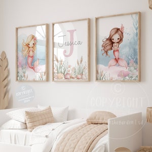 Mermaid wall art, mermaid nursery art, Pink bedroom art, Girl sea-life art, Nursery wall art, Set of 3 prints, girl bedroom print