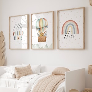 Safari nursery print, rainbow wall art, Safari nursery decor, Hot air balloon art, Zebra print, Jungle animal, kid bedroom art, Set of 3