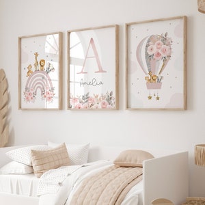 Safari nursery print, Giraffe wall art, Safari nursery decor, Baby name print, Jungle animal art, Girl bedroom art, Set of 3, Pink bedroom