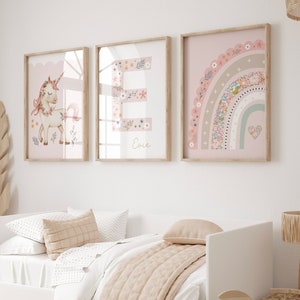 Unicorn Nursery Print Set: Rainbow, Wildflower Kids Bedroom Art