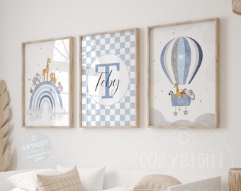 Safari Animal Nursery Print Set: Hot Air Balloon, Stars, Clouds