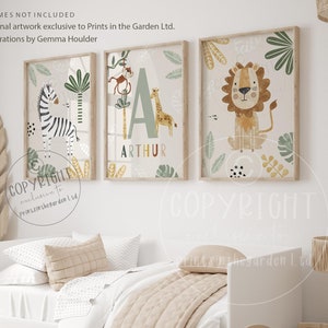 Safari nursery print, Giraffe wall art, Safari nursery decor, Baby name print, Jungle animal art, Gender neutral art, Set of 3