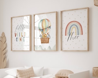 Safari Nursery Print Set: Rainbow, Hot Air Balloon, Jungle Animals
