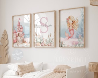Mermaid Nursery Art Prints: Pink Bedroom Decor, Set of 3