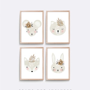 Neutral Woodland Nursery Prints: Beige Animal Art, Set of 4