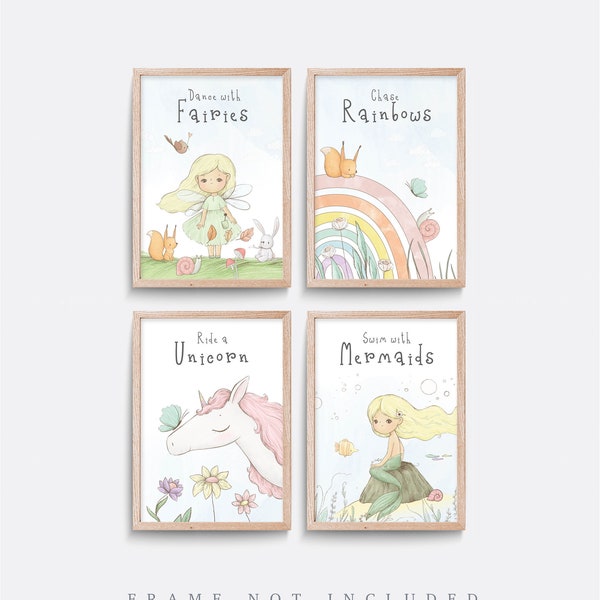 Set of 4 nursery prints, Unicorn Print, Mermaid art, Rainbow wall Art, Fairy wall art, Pink nursery decor, girl bedroom art, Baby girl print