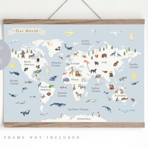 Map of the world, Animal World Map Print, Kid's World map,  Educational Print,  Nursery Map,  Nursery wall art,  Kids Decor,  Playroom Print
