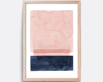 May include: A framed abstract watercolor painting with a pink and blue color scheme. The painting features two rectangles, one pink and one blue, with a thin pink rectangle layered on top of the blue rectangle.