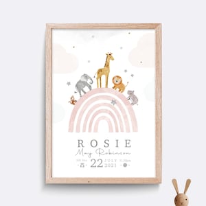 Birth details print, Safari animal print, Birth poster, Baby name print, Baby name sign, Christening/baptism gift, Baby name wall art