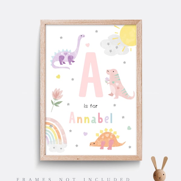 Dinosaur name print, Dinosaur nursery print, nursery wall art, girl nursery print, kids bedroom art, girl wall art, pink print, playroom art