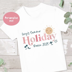 Kids first holiday T-shirt, Personalised Kids T-shirt, Girls T-shirt, Kid&#39;s name T-shirt,  Holiday t-shirt, Summer holiday top