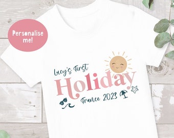 Kids first holiday T-shirt, Personalised Kids T-shirt, Girls T-shirt, Kid's name T-shirt,  Holiday t-shirt, Summer holiday top