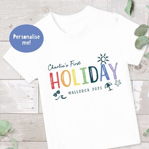 Kids first holiday T-shirt, Personalised Kids T-shirt, Girls T-shirt, Kid&#39;s name T-shirt, Boy t-shirt, Holiday t-shirt, Summer holiday top