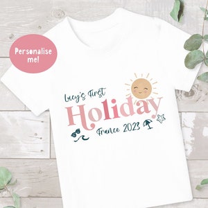 Kids first holiday T-shirt, Personalised Kids T-shirt, Girls T-shirt, Kid&#39;s name T-shirt,  Holiday t-shirt, Summer holiday top