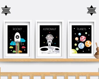 Space Nursery Prints Set: Rocket, Astronaut, Planets (Digital Files)