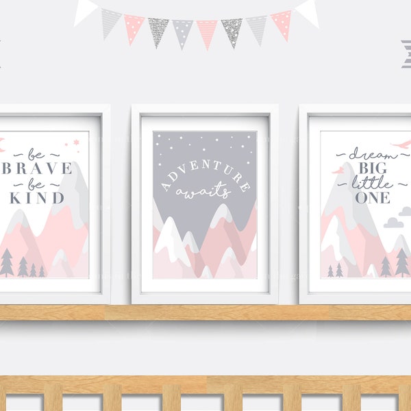 Be brave be kind print, Nursery wall art, Mountain nursery decor, Adventure awaits art, Dream big little one, Camping wall art, Quote print