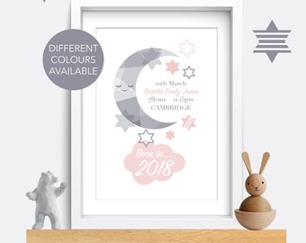Baby Birth Details Print: Moon & Stars Nursery Decor