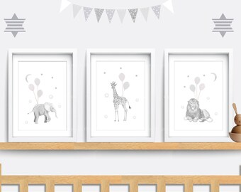 Safari Animal Nursery Prints: Giraffe, Elephant, Lion - Set of 3
