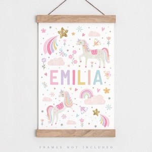 Unicorn nursery print, Wildflower print, Girls name print, Flower print, Rainbow print, Girl bedroom, Pink nursery decor