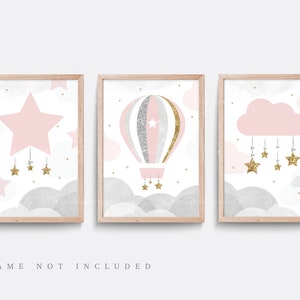 Nursery wall art. Set of 3 star prints. Cloud nursery decor. Hot air balloon. Baby nursery print. Baby girl gift. Pink decor