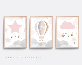 Nursery Wall Art: Set of 3 Star, Cloud & Hot Air Balloon Prints