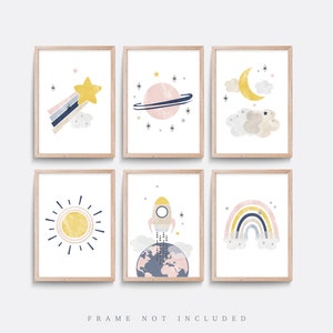 Space nursery prints, Set of 6 Nursery print, Nursery wall art, Space wall art, Planet, Sun print, Rocket print, Rainbow art, Girl nursery