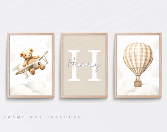 Teddy Bear Nursery Print Set: Airplane, Hot Air Balloon, Cloud Wall Art
